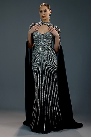 Midnight Black Mesh Bead Hand Embellished Gown by BLING EMPIRE