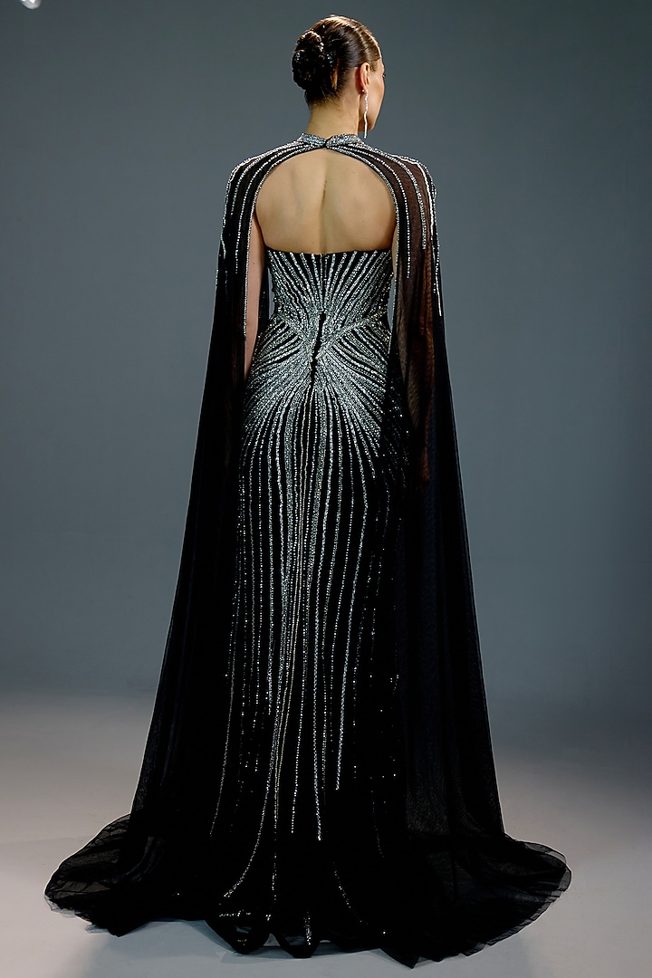 Midnight Black Mesh Bead Hand Embellished Engagement Gown by BLING EMPIRE at Pernia's Pop Up Shop