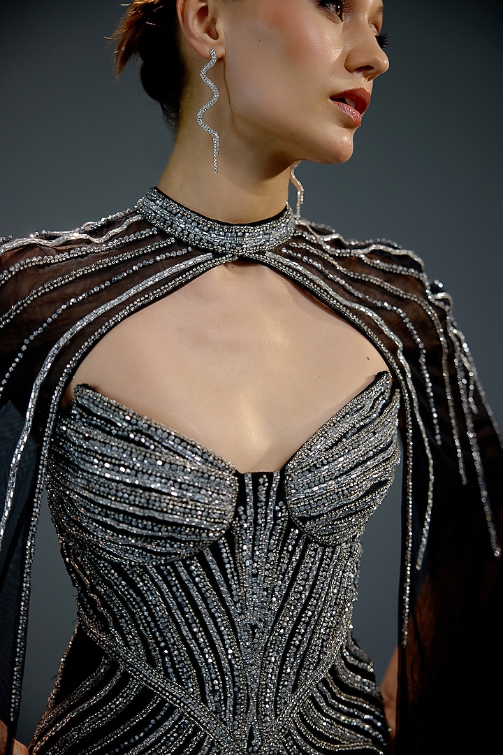 Midnight Black Mesh Bead Hand Embellished Engagement Gown by BLING EMPIRE at Pernia's Pop Up Shop