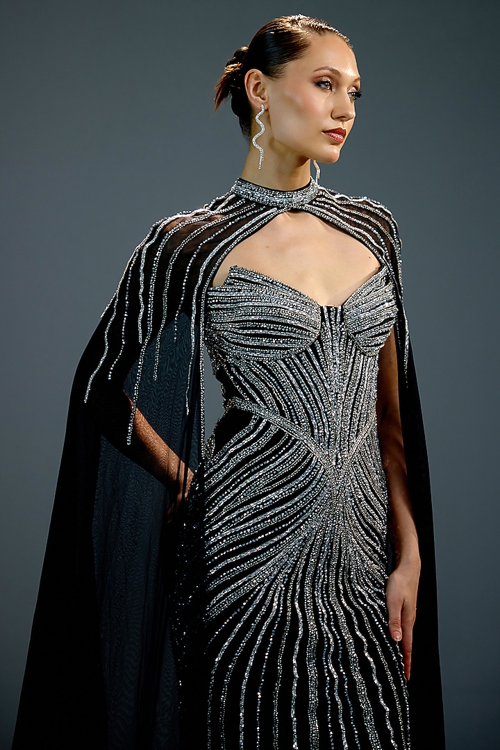 Midnight Black Mesh Bead Hand Embellished Engagement Gown by BLING EMPIRE at Pernia's Pop Up Shop