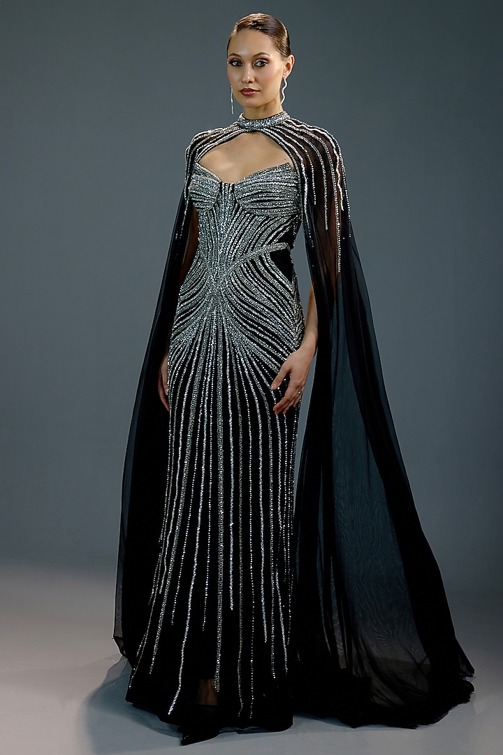 Midnight Black Mesh Bead Hand Embellished Engagement Gown by BLING EMPIRE at Pernia's Pop Up Shop