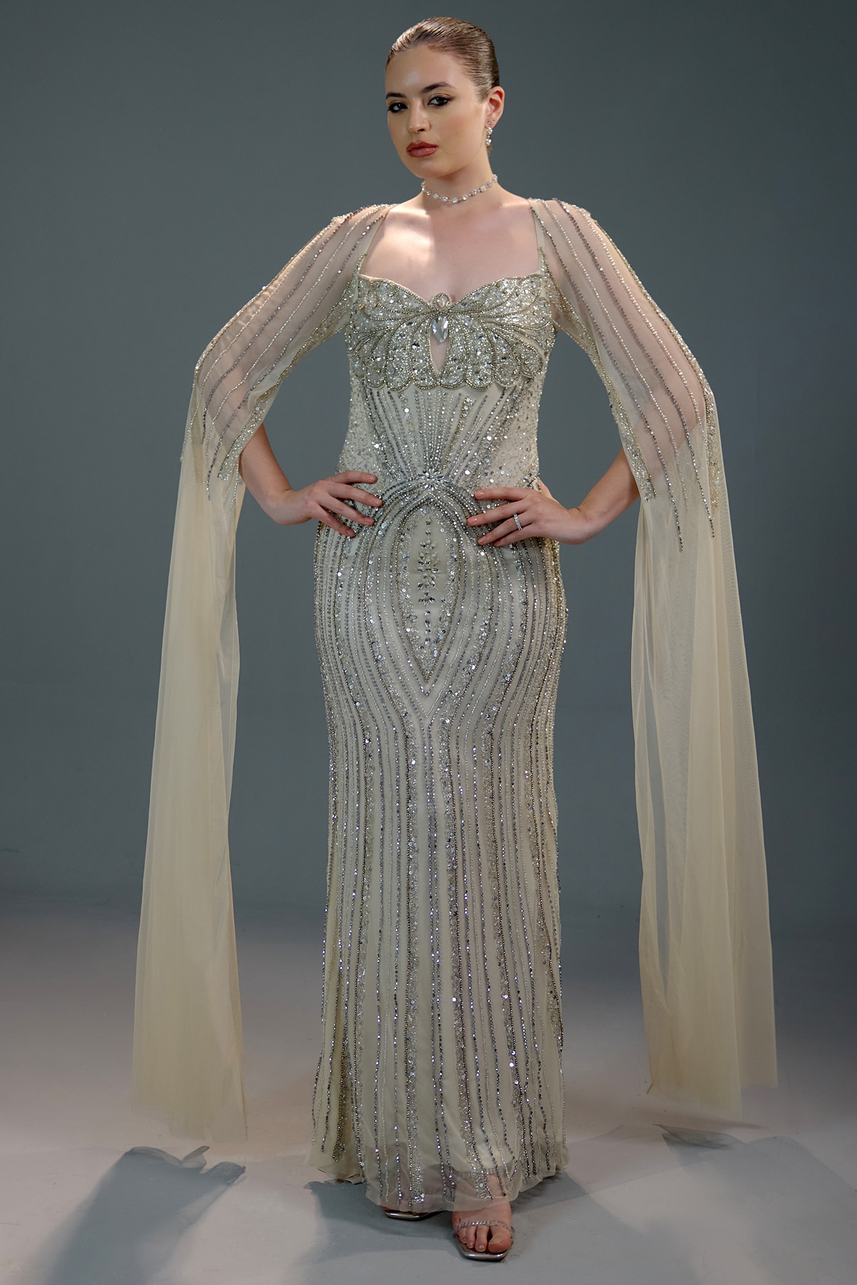 BLING EMPIRE Golden Mesh Bead Hand Embellished Gown