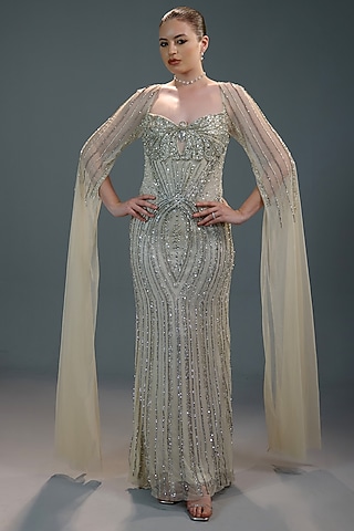 Golden Mesh Bead Hand Embellished Gown by BLING EMPIRE