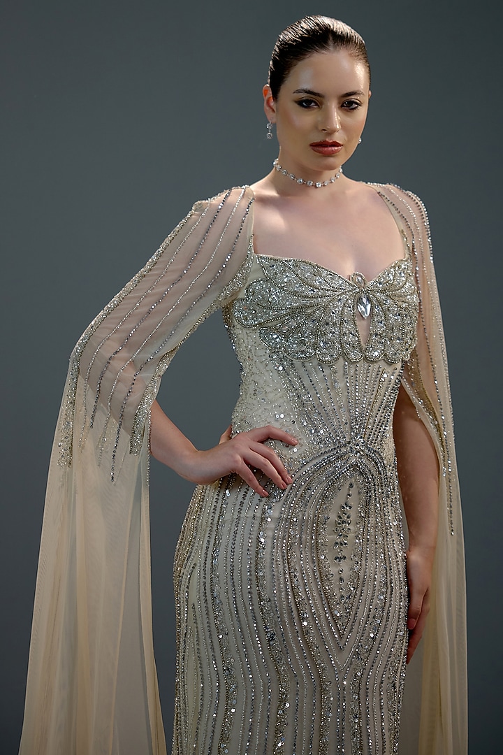Golden Mesh Bead Hand Embellished Engagement Gown by BLING EMPIRE at Pernia's Pop Up Shop