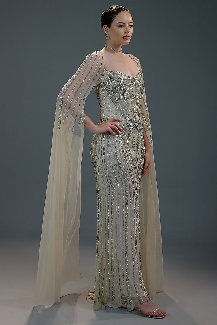 Golden Mesh Bead Hand Embellished Engagement Gown by BLING EMPIRE at Pernia's Pop Up Shop