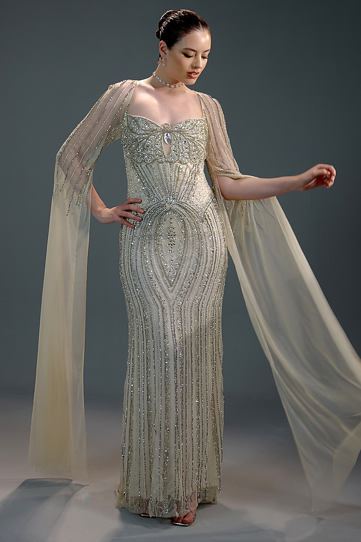 Golden Mesh Bead Hand Embellished Engagement Gown by BLING EMPIRE at Pernia's Pop Up Shop