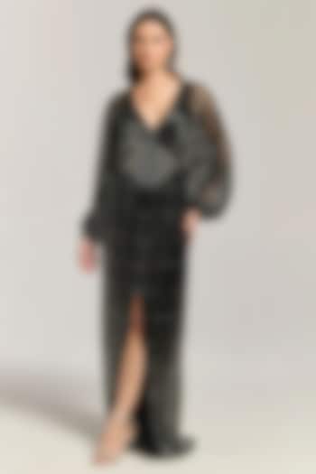 Black Mesh Sequin Embroidered Engagement Gown by BLING EMPIRE at Pernia's Pop Up Shop