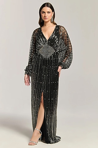 Black Mesh Sequin Embroidered Gown by BLING EMPIRE