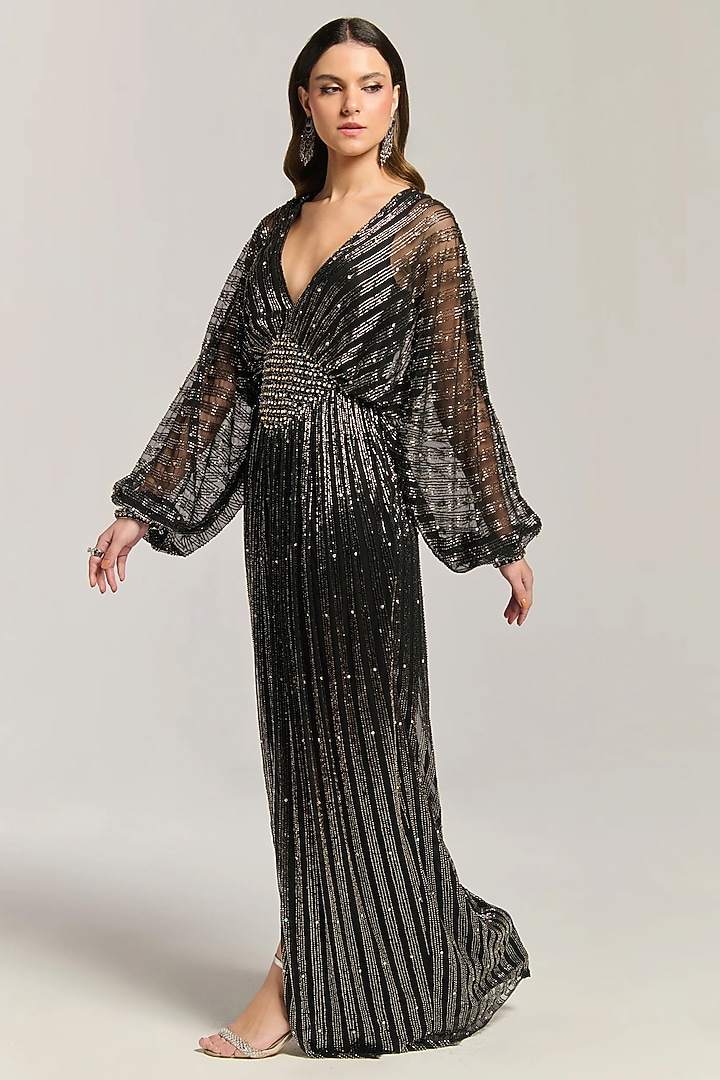 Black Mesh Sequin Embroidered Engagement Gown by BLING EMPIRE at Pernia's Pop Up Shop