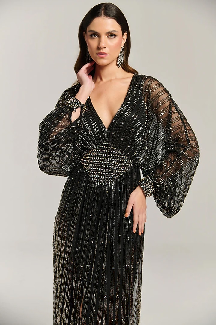 Black Mesh Sequin Embroidered Engagement Gown by BLING EMPIRE at Pernia's Pop Up Shop