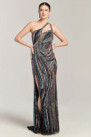 Multi-Colored Mesh Sequin Embroidered One-Shoulder Gown by BLING EMPIRE