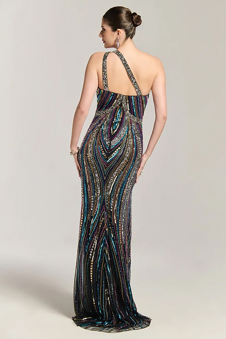 Multi-Colored Mesh Sequin Embroidered One-Shoulder Engagement Gown by BLING EMPIRE at Pernia's Pop Up Shop