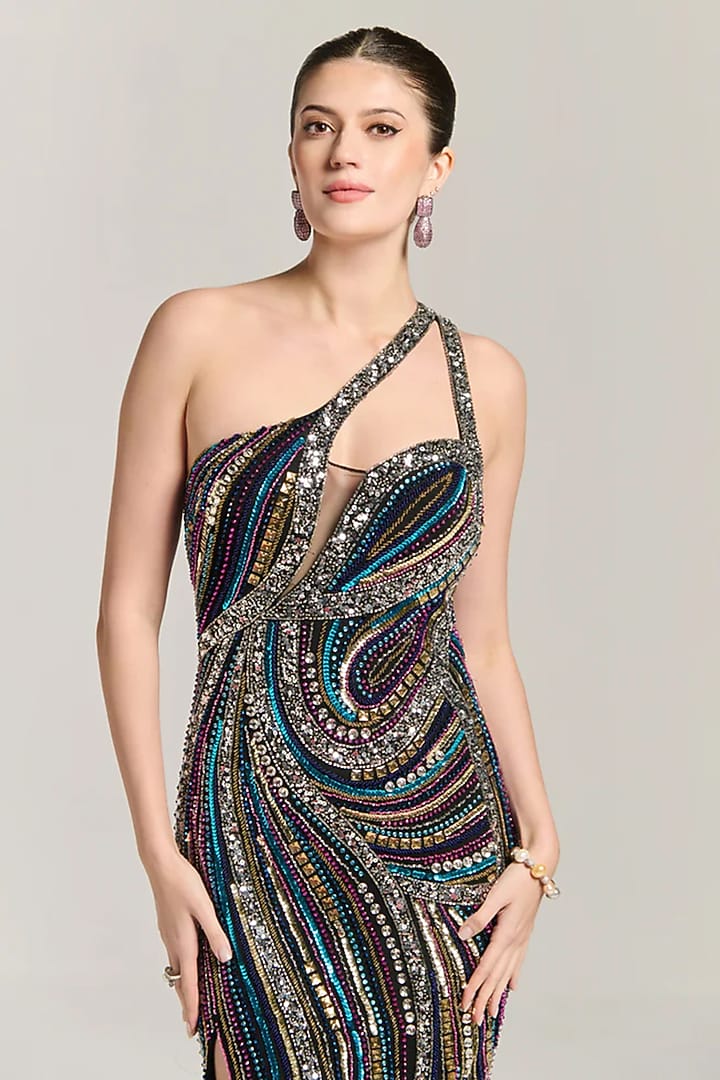 Multi-Colored Mesh Sequin Embroidered One-Shoulder Engagement Gown by BLING EMPIRE at Pernia's Pop Up Shop