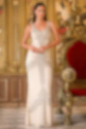 Ivory Mesh Floral & Sequin Embellished Engagement Gown by BLING EMPIRE at Pernia's Pop Up Shop