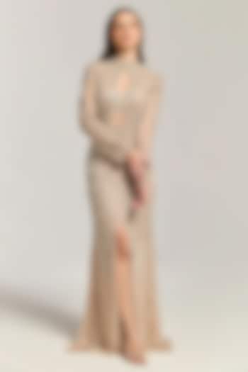 Beige Mesh Sequin & Pearl Embroidered Engagement Gown by BLING EMPIRE at Pernia's Pop Up Shop
