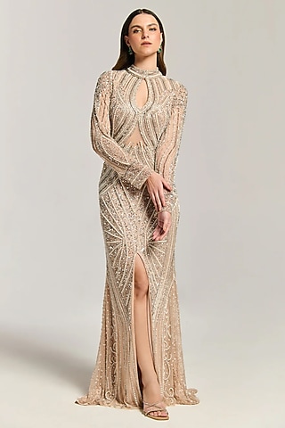 Beige Mesh Sequin & Pearl Embroidered Gown by BLING EMPIRE