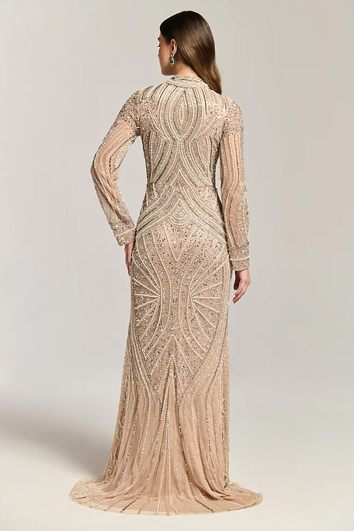 Beige Mesh Sequin & Pearl Embroidered Engagement Gown by BLING EMPIRE at Pernia's Pop Up Shop
