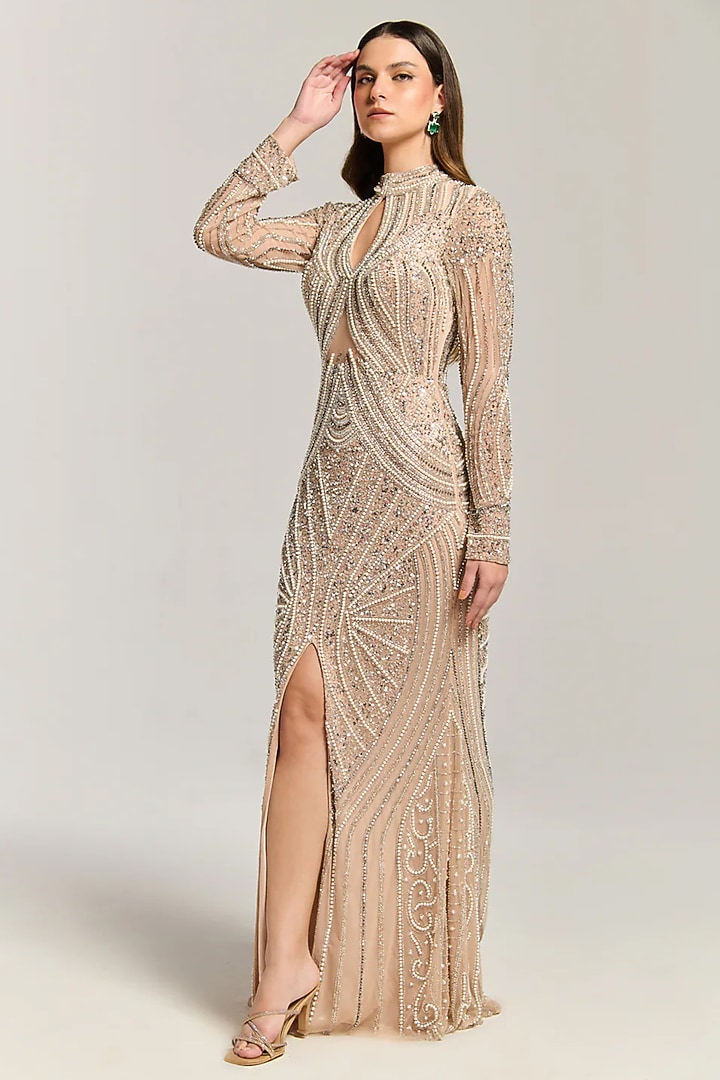 Beige Mesh Sequin & Pearl Embroidered Engagement Gown by BLING EMPIRE at Pernia's Pop Up Shop