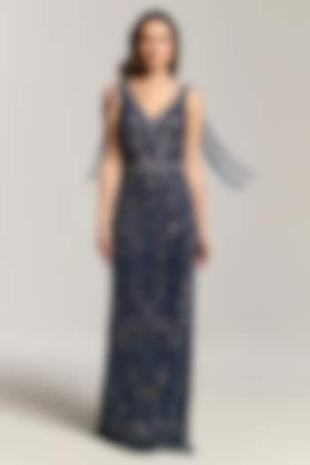 Blue Mesh Bead Embroidered Sleeveless Engagement Gown by BLING EMPIRE at Pernia's Pop Up Shop