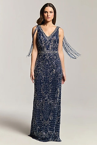 Blue Mesh Bead Embroidered Sleeveless Gown by BLING EMPIRE