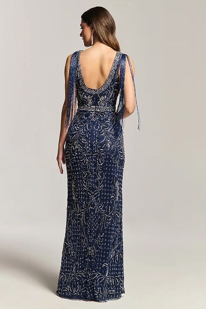 Blue Mesh Bead Embroidered Sleeveless Engagement Gown by BLING EMPIRE at Pernia's Pop Up Shop