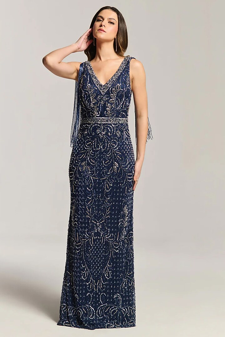 Blue Mesh Bead Embroidered Sleeveless Engagement Gown by BLING EMPIRE at Pernia's Pop Up Shop