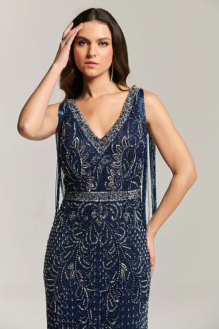 Blue Mesh Bead Embroidered Sleeveless Engagement Gown by BLING EMPIRE at Pernia's Pop Up Shop