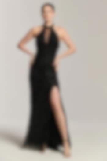 Black Mesh Bead Embroidered Halter Engagement Gown by BLING EMPIRE at Pernia's Pop Up Shop