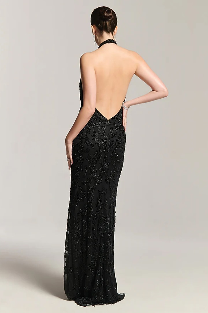 Black Mesh Bead Embroidered Halter Engagement Gown by BLING EMPIRE at Pernia's Pop Up Shop