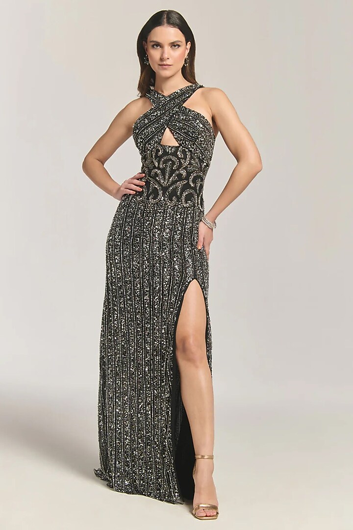 Black Mesh Bead Embellished Engagement Gown by BLING EMPIRE at Pernia's Pop Up Shop