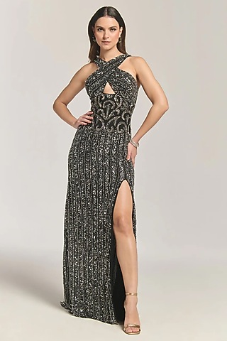 Black Mesh Bead Embellished Gown by BLING EMPIRE