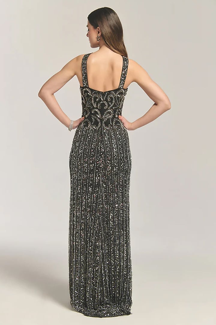 Black Mesh Bead Embellished Engagement Gown by BLING EMPIRE at Pernia's Pop Up Shop