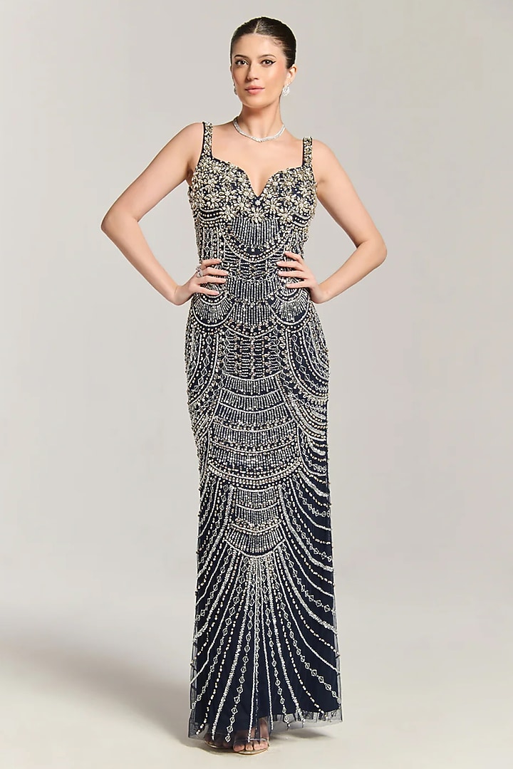 Blue Mesh Diamond Embellished Engagement Gown by BLING EMPIRE at Pernia's Pop Up Shop