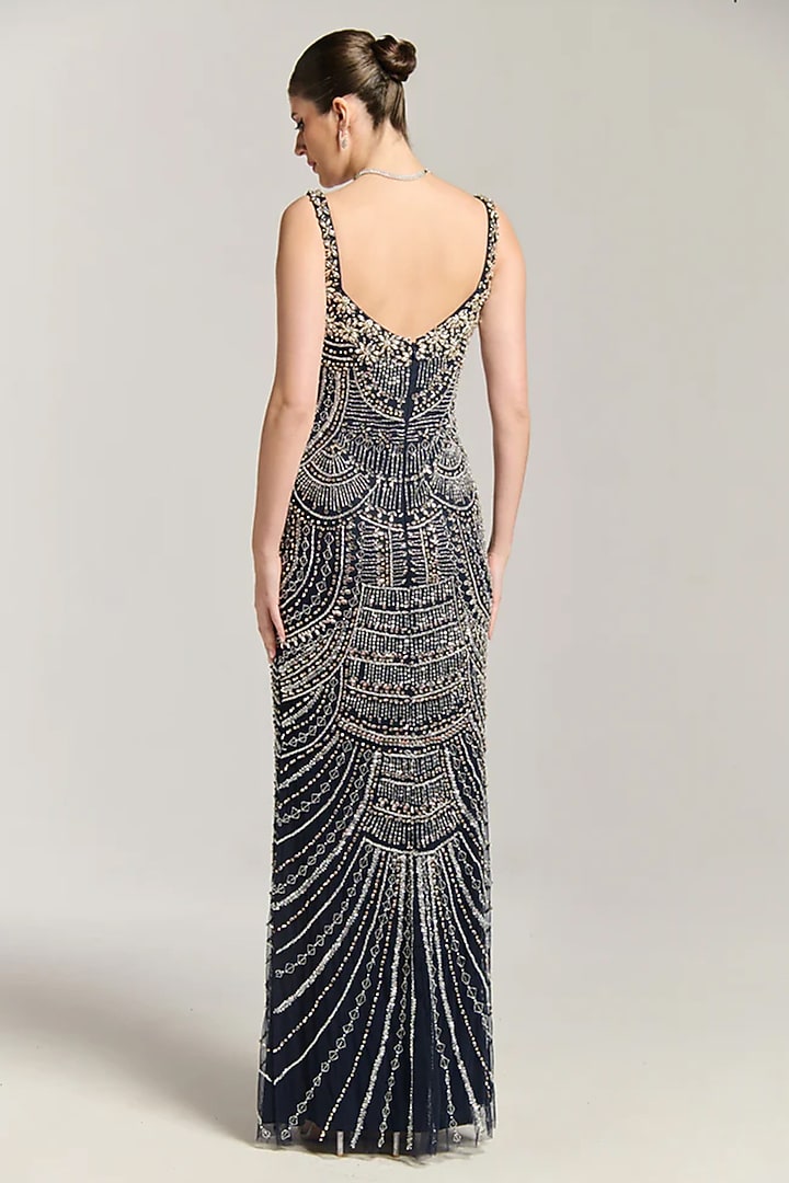 Blue Mesh Diamond Embellished Engagement Gown by BLING EMPIRE at Pernia's Pop Up Shop
