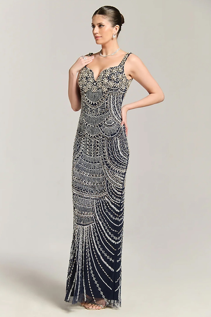 Blue Mesh Diamond Embellished Engagement Gown by BLING EMPIRE at Pernia's Pop Up Shop