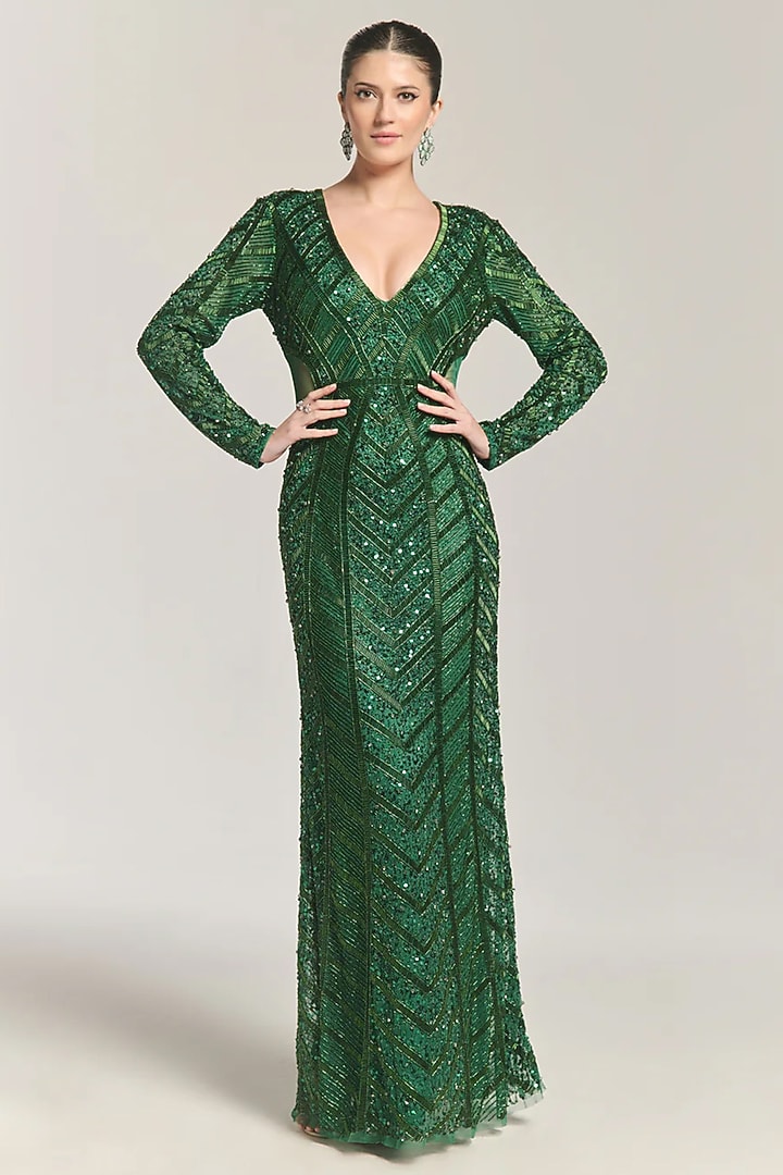 Green Mesh Sequin & Bead Embellished Engagement Gown by BLING EMPIRE at Pernia's Pop Up Shop
