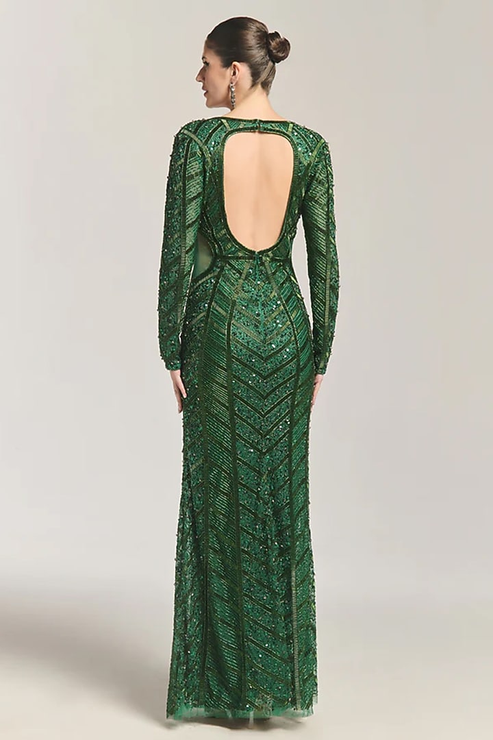Green Mesh Sequin & Bead Embellished Engagement Gown by BLING EMPIRE at Pernia's Pop Up Shop