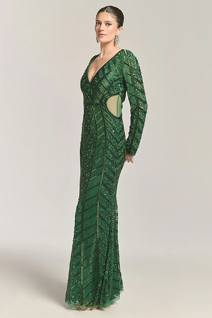 Green Mesh Sequin & Bead Embellished Engagement Gown by BLING EMPIRE at Pernia's Pop Up Shop