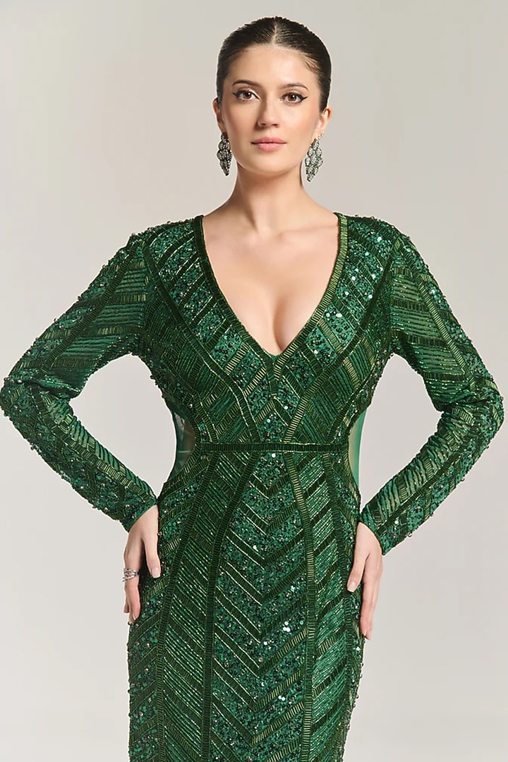 Green Mesh Sequin & Bead Embellished Engagement Gown by BLING EMPIRE at Pernia's Pop Up Shop