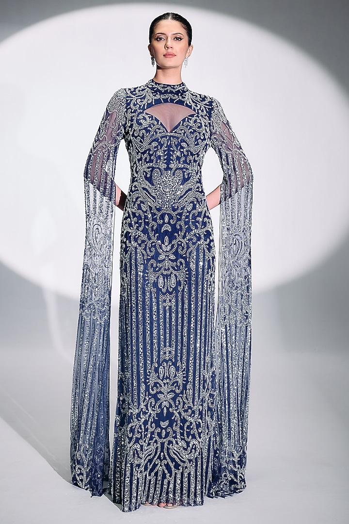Blue Mesh Bead Embroidered Engagement Gown by BLING EMPIRE at Pernia's Pop Up Shop