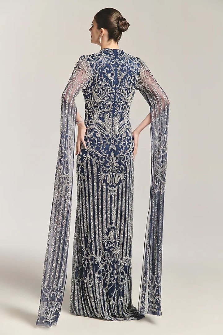 Blue Mesh Bead Embroidered Engagement Gown by BLING EMPIRE at Pernia's Pop Up Shop