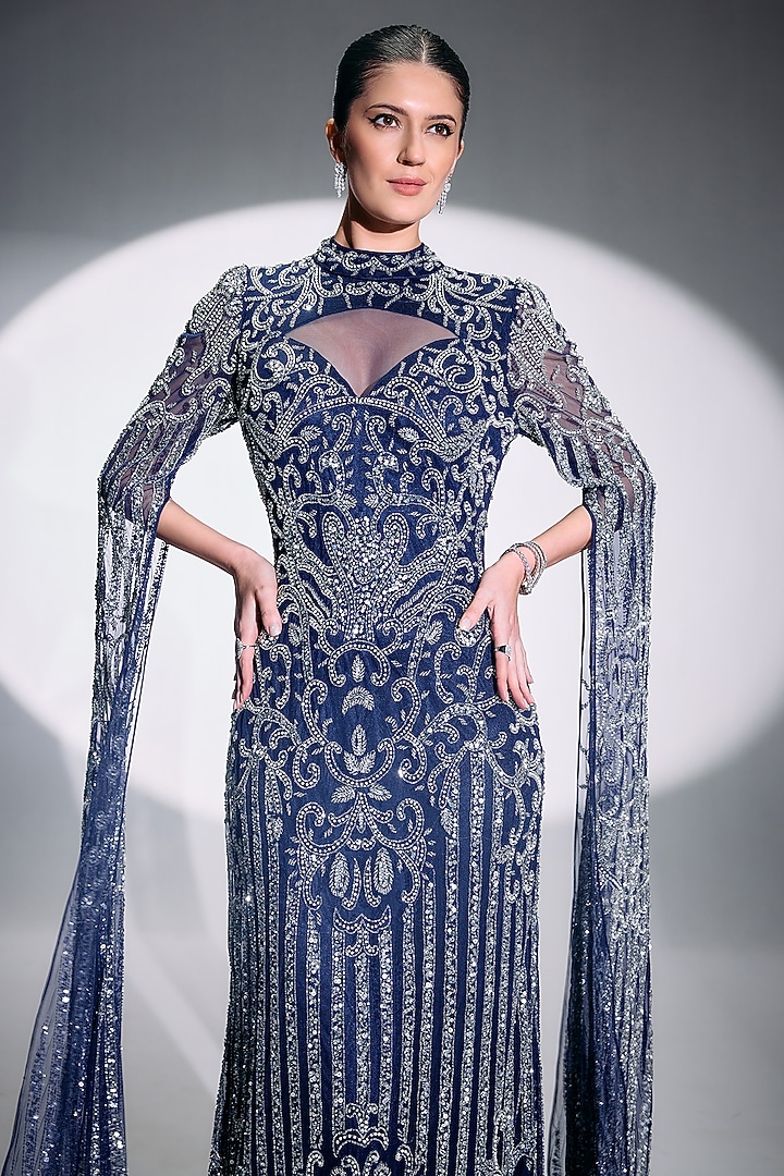 Blue Mesh Bead Embroidered Engagement Gown by BLING EMPIRE at Pernia's Pop Up Shop