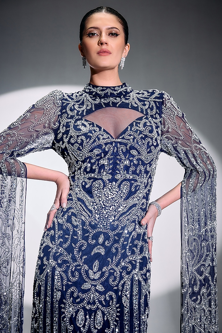 Blue Mesh Bead Embroidered Engagement Gown by BLING EMPIRE at Pernia's Pop Up Shop