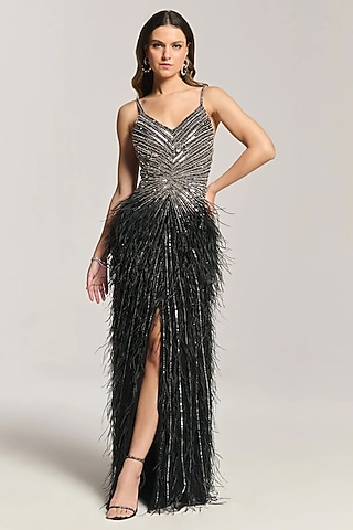 Black Mesh Embellished Gown by BLING EMPIRE