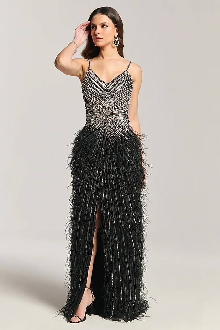 Black Mesh Embellished Engagement Gown by BLING EMPIRE at Pernia's Pop Up Shop