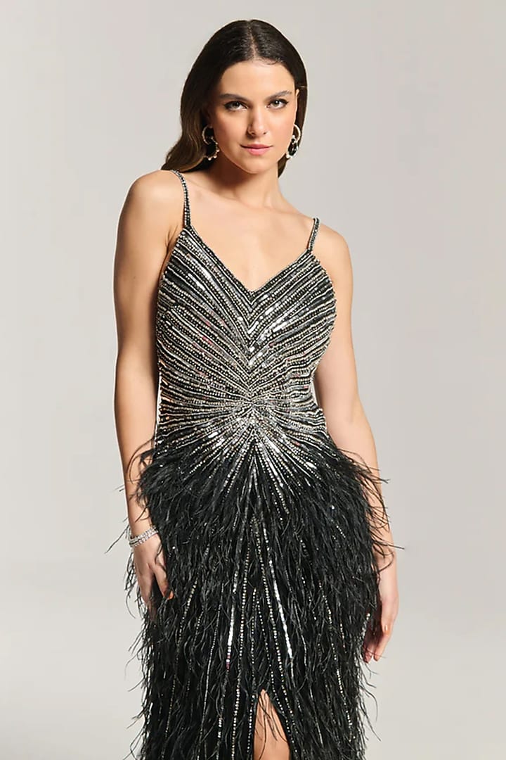 Black Mesh Embellished Engagement Gown by BLING EMPIRE at Pernia's Pop Up Shop