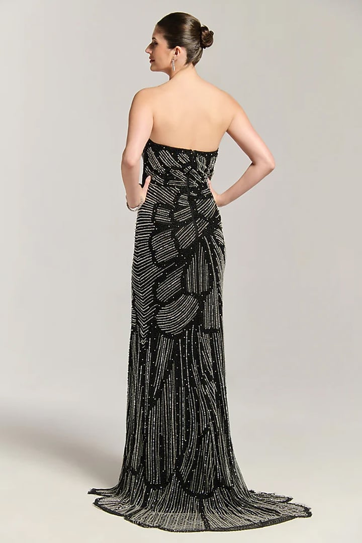 Black Mesh Bead Embellished Floral Engagement Gown by BLING EMPIRE at Pernia's Pop Up Shop