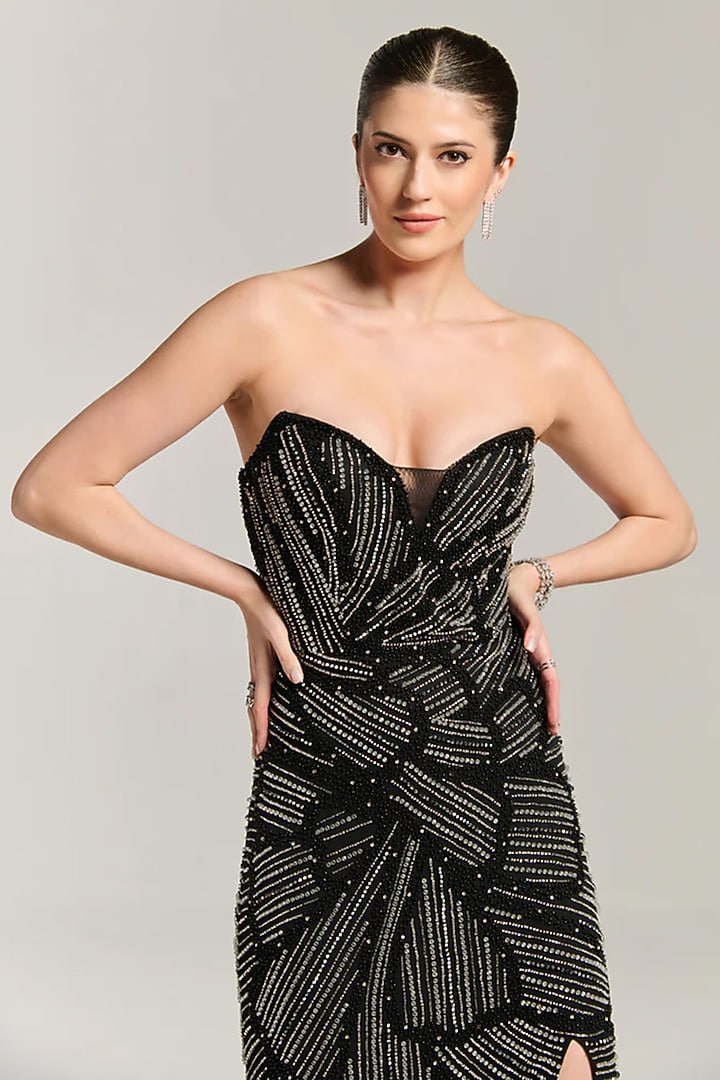 Black Mesh Bead Embellished Floral Engagement Gown by BLING EMPIRE at Pernia's Pop Up Shop