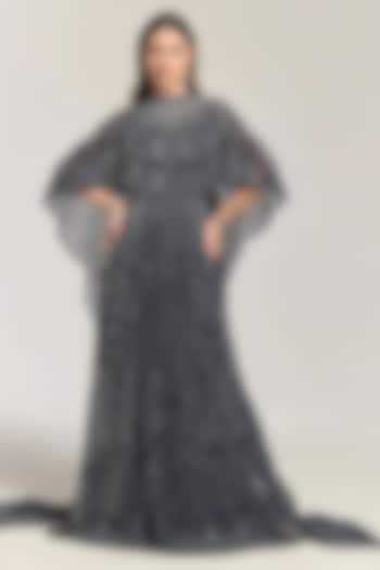 Black Mesh Bead Embellished Cape Engagement Gown by BLING EMPIRE at Pernia's Pop Up Shop