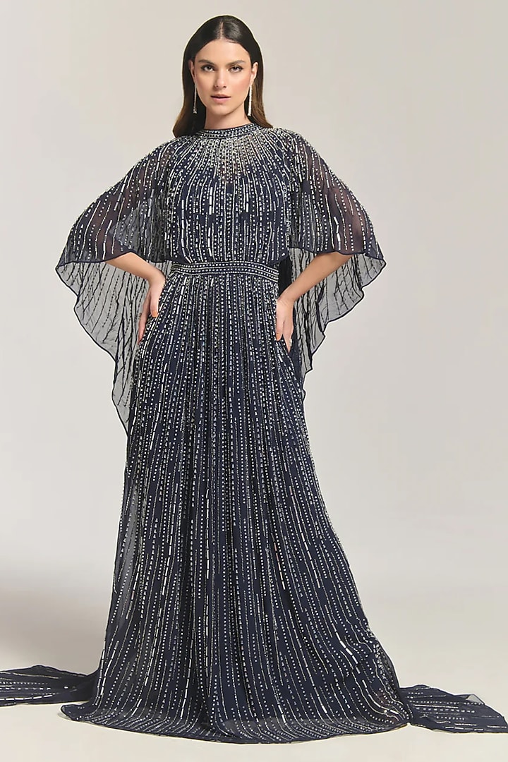 Black Mesh Bead Embellished Cape Engagement Gown by BLING EMPIRE at Pernia's Pop Up Shop